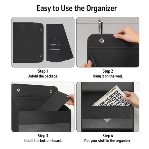 Steps to set up Over Door Organizer With Five Extra Large Pockets Heavy Duty Hanging Storage, shown hanging and holding items.