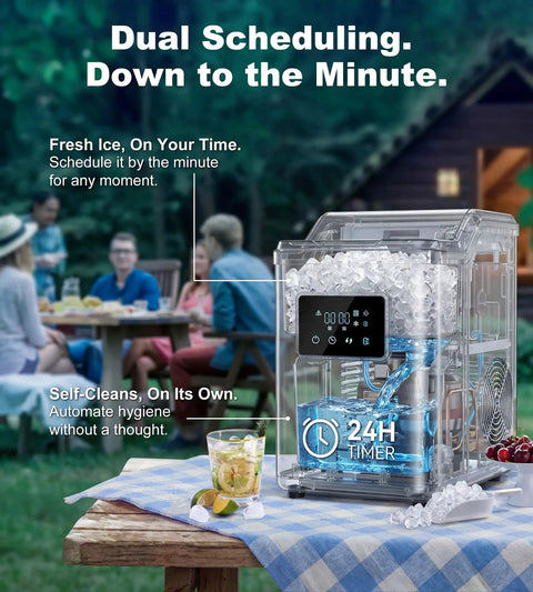 Gotta Have This Countertop Nugget Ice Maker Slaps Out Crisp Pebble And Crushed Pellets Fast With No Sweat Self Cleaning Routine 45 Lbs Daily, clear view with ice and control panel.