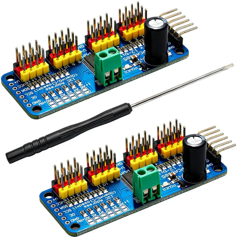 2-Pack PCA9685 16-Channel PWM Servo Driver Module for Arduino Robots, I2C Control, with screwdriver and components displayed