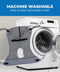 Patient Aid Full Body Mesh Commode Sling For Hoyer Patient Lift With Four Positioning Straps shown next to a washing machine for easy cleaning.