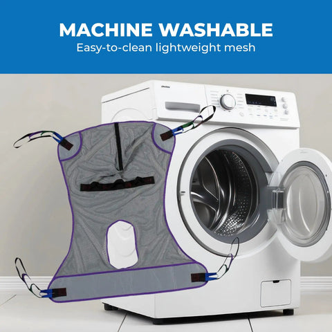 Patient Aid Full Body Mesh Commode Sling For Hoyer Patient Lift With Four Positioning Straps shown next to a washing machine for easy cleaning.