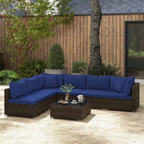 7 Piece Outdoor Wicker Patio Furniture Set for Six With Cushions, 2 Throw Pillows, Rattan Sectional on patio with navy cushions