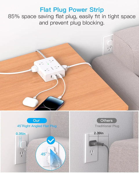 15 Foot Extension Cord With Flat Plug Surge Protector Power Strip Featuring Eight Widely Spaced Outlets And Four Fast Usb Charging Ports shown with flat plug design and smartphone charging.
