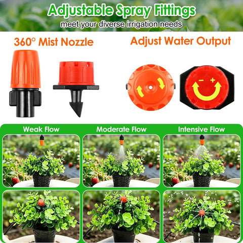 246 Piece 1 Quarter Inch Drip Irrigation Fittings Kit with adjustable spray nozzle and varied water flow settings for garden setup