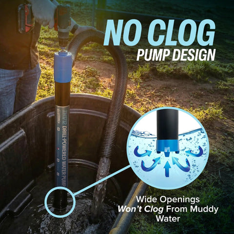 Heavy Duty Drill Powered Stick Water Transfer Pump Slams Through 160 GPM with no clog design for easy water drainage.