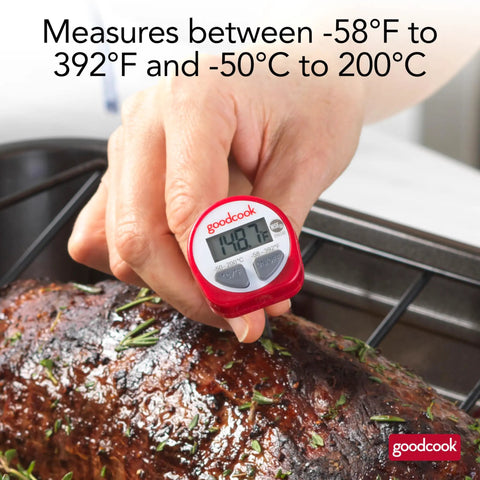 Hand using Must Have Everyday Digital Food Thermometer With Stainless Steel Probe Instant Read For Quick Accurate Temps In Fahrenheit Or Celsius, Easy To Read LCD Display, Includes Storage Sleeve, Red, on cooked meat.