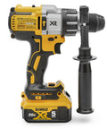 Heavy And Dependable 20V Max Lithium Ion Brushless Hammer Drill Kit with side handle, showing solid metal chuck and lithium battery.