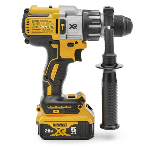 Heavy And Dependable 20V Max Lithium Ion Brushless Hammer Drill Kit with side handle, showing solid metal chuck and lithium battery.