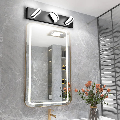 LED Modern Black Vanity Light With Acrylic Finish Over Mirror Three Light Bathroom Wall Fixture With 360 Degree Rotatable Joint