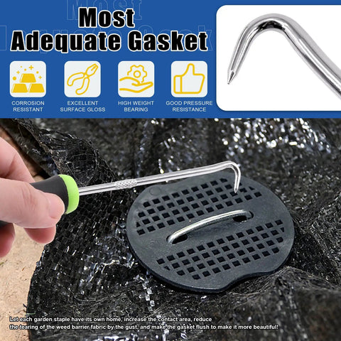 All In One Garden Stakes And Staples Kit with pick hook and gasket installation on landscape fabric
