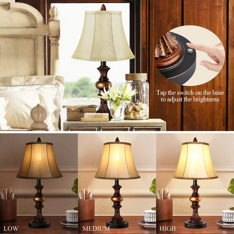 Two Pack Touch Control Traditional Table Lamps With Dual USB Ports, 3 Way Dimmable Bronze Finish Bell Shade Bedside Lighting Set
