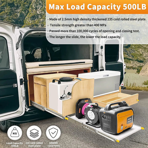 Tank Grade 52 Inch Heavy Duty Lockable Drawer Slides 500 LB Side Mount Full Extension Ball Bearing Rails with tools and storage in van.
