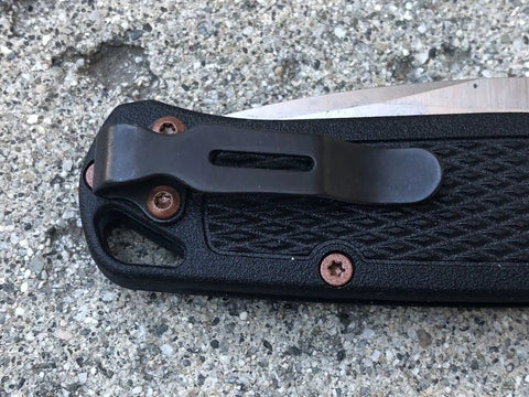 Kick Ass Copper Powder Coated Torx Screw Set Spice Up Your Blade With Slick Stainless Steel Fasteners on knife handle.