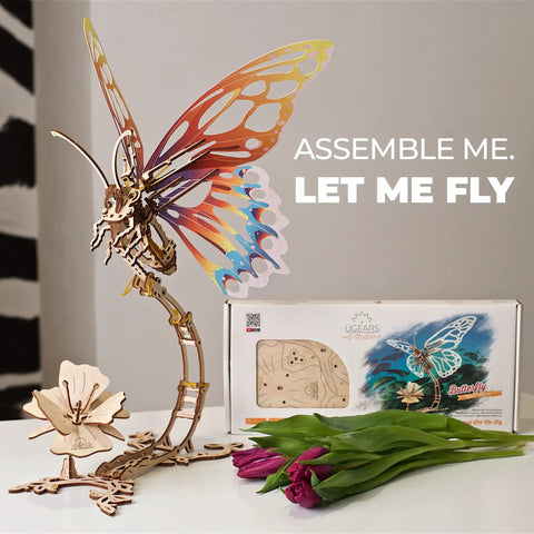 Butterfly 3D Wooden Puzzle Kit For Adults And Teens, Laser Cut Mechanical Model, Easy To Assemble Home Decor, Chill Out Wooden Craft For Relaxation And Mindful Fun. Assembled wooden butterfly display, 22.8 in tall