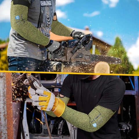 Core Arm Protection Sleeves S081 ANSI A5 cut resistant with thumbhole, used for chainsaw and welding tasks, 2 pairs displayed
