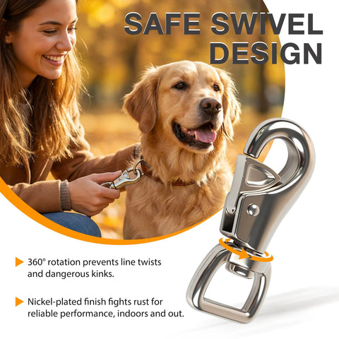 Labeumela 2-pack heavy-duty bull snap hooks with eye bolts; nickel-plated steel, 360° swivel, shown on a leash