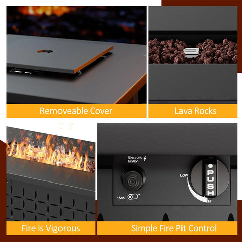 43 Inch Outdoor Gas Fire Pit Table With 50000 BTU Propane Heat Includes Lid And Lava Rock Rectangular Steel Patio Heater