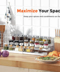 Three Tier Expandable Spice Rack Organizer For Cabinet And Countertop Fully Adjustable Width Design Dead Simple Pantry Layout White Matte Finish with jars and seasonings on countertop.