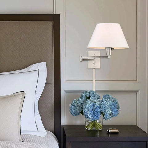 Modern Swing Arm Wall Sconce With White Empire Shade, 15 Inch Reach, Adjustable Arm, 2-In-1 Plug-In Or Hardwired Installation, 3-Way Switch, Satin Nickel Finish, Includes 2 12 Inch Cord Covers