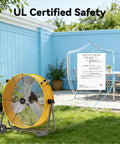 24 Inch Industrial Drum Fan With 8800 CFM High Velocity Air displayed outdoors with UL safety certificate