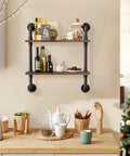 Heavy Duty Double Tier Industrial Pipe Wall Shelves With Genuine Rustic Wood holding kitchen items against a wall.