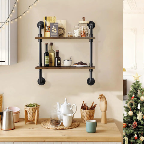 Heavy Duty Double Tier Industrial Pipe Wall Shelves With Genuine Rustic Wood holding kitchen items against a wall.