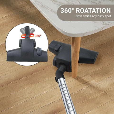 Universal 1.25 Inch 32mm Vacuum Cleaner Brush Head with dual modes shown in 360-degree rotation cleaning under table