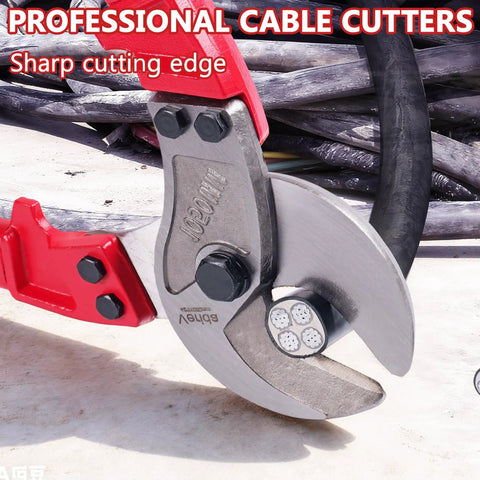 Professional Heavy Duty Cable Cutters 14 Inch Wire Snips Built Like A Tank Using Premium Chrome Vanadium Steel Cuts Thick Copper And Aluminum Core Cables No Sweat Required Bright Red Finish, sharp cutting edge on thick cables.