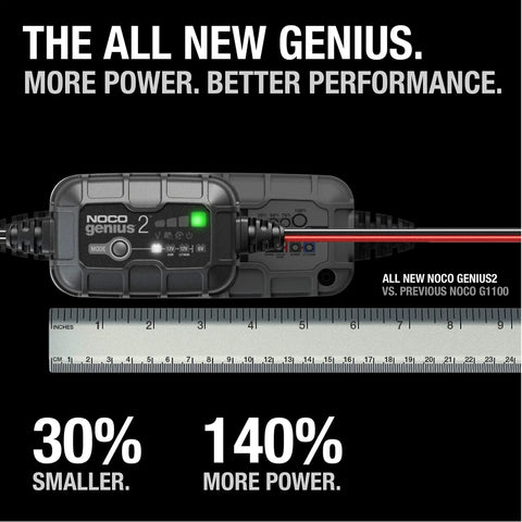 Top Shelf Smart Battery Charger And Hassle Free Trickle Maintainer Delivering Two Amps Of Straight Power For Six Volt And Twelve Volt Flooded Gel Agm Or Lithium Batteries next to a ruler for size comparison.