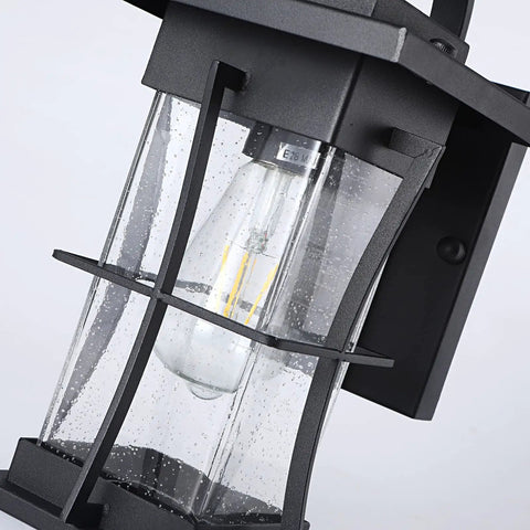 Dusk To Dawn Outdoor Wall Lantern With Sensor, Matte Black Porch Light, Waterproof and Rust Resistant, close-up view of glass shade