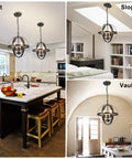 Three Light Vintage Pendant Chandelier In Matte Black With Spherical Shades, Flush Mount Fixture in kitchen and living areas