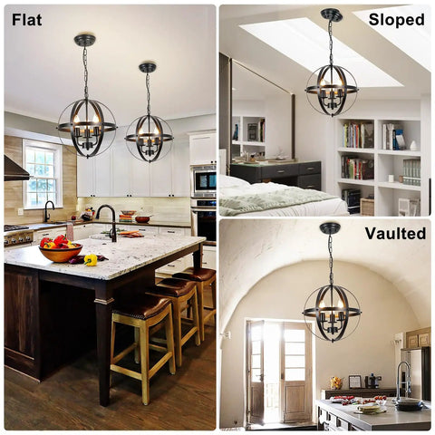 Three Light Vintage Pendant Chandelier In Matte Black With Spherical Shades, Flush Mount Fixture in kitchen and living areas