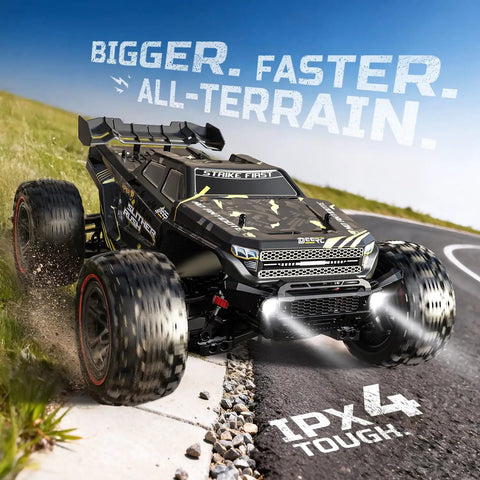 DEERC 209E 1:10 Scale Brushless RC Car on grass near road, 60 KMH, 4WD, waterproof, 2300KV motor, off-road design