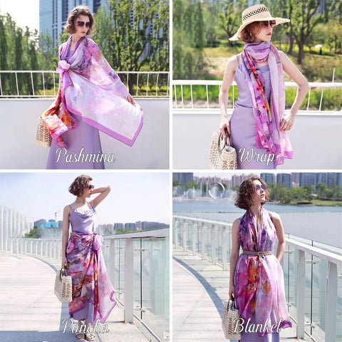Four women modeling Extra Large One Hundred Percent Mulberry Silk Shawl For Women Dope Lightweight Pashmina Wrap Floral Pattern Ninety By Forty Three Inches Dressy Scarves For Evening Wear Travel Gift in different styles.