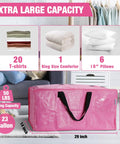 Extra Large Move Bags Set With Zippers And Carrying Handles displayed on couch, 23-gallon capacity, in pink, with black straps