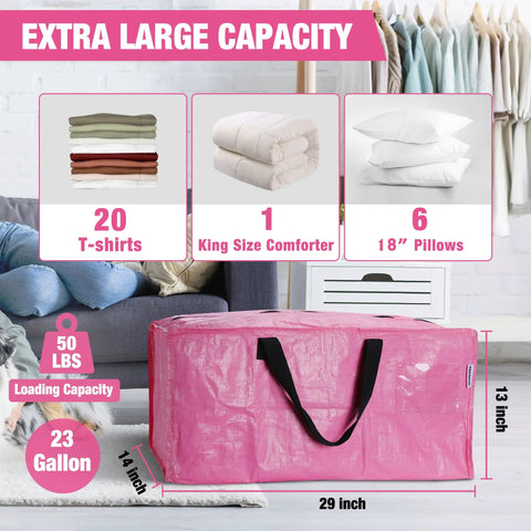 Extra Large Move Bags Set With Zippers And Carrying Handles displayed on couch, 23-gallon capacity, in pink, with black straps