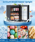 2.3 Cu Ft Upright Mini Freezer With Tempered Glass Door And Flexible Temp Control Keeps Your Stash Ice Cold In This Hella Compact Unit, showcasing various frozen items.