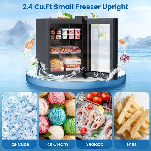 2.3 Cu Ft Upright Mini Freezer With Tempered Glass Door And Flexible Temp Control Keeps Your Stash Ice Cold In This Hella Compact Unit, showcasing various frozen items.