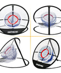 Pop Up Golf Chipping Net With Hitting Mat, Collapsible Indoor Outdoor Practice Set shown from four angles, folded and unfolded