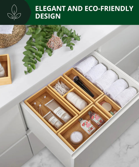 Premium Five Piece Bamboo Drawer Organizer Set Featuring Versatile Storage Trays For Kitchen Bedroom And Office Transform Junk Drawers Instantly with bathroom accessories in a drawer.