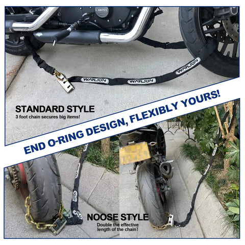 Heavy Duty Security Chain With Cinch Ring Three Foot Long And Three Eighths Inch Thick 63HRC Alloy Steel shown securing vehicle.