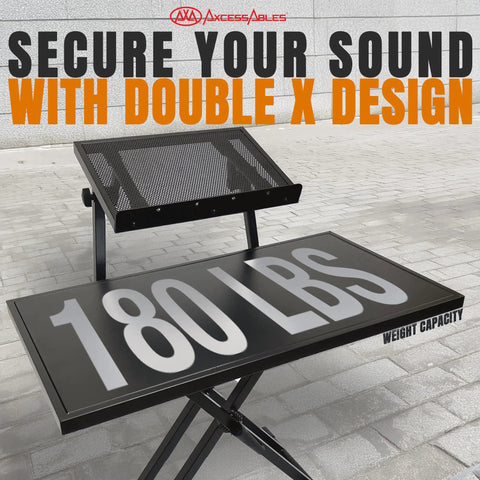 Two Tier Portable DJ Table Stand for Laptops, MIDI Controllers, Tablets and Sheet Music, showing 180 lbs weight capacity label.