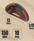 Three Eighths Inch By Thirteen Inch Sanding Belts Ten Pack 150 Grit Aluminum Oxide Belts For Air Belt And Band File Sander