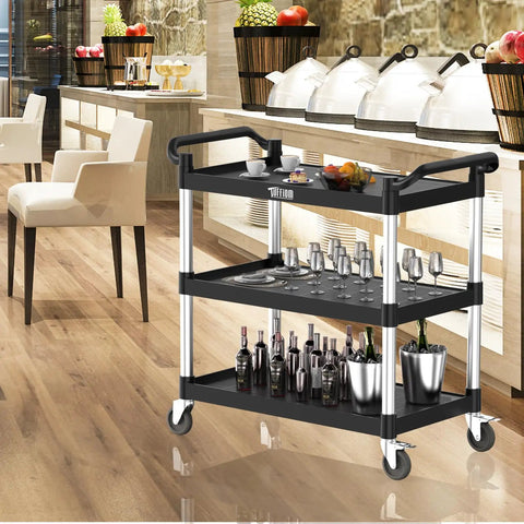 Heavy Duty Three Tier Plastic Utility Cart With Wheels, 39.8 In L x 19.1 In W x 38.4 In H, displayed in a restaurant setting