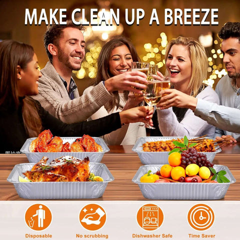 Group enjoying meal with Heavy Duty Foil Pans 9x13 Disposable Deep Steam Table Trays Pack Of 30 for Cooking Baking Storing