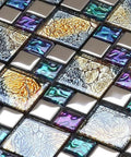 Dope Glass Mosaic Tile Iridescent Blue Purple Gold Textured Chrome Metallic Backsplash Sheet for kitchen accent walls