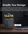 4 Bay Desktop Nas With Intel Quad Core Cpu Boosting To 2.9 Ghz Paired With 8Gb Ram on a desk next to a laptop.
