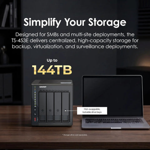 4 Bay Desktop Nas With Intel Quad Core Cpu Boosting To 2.9 Ghz Paired With 8Gb Ram on a desk next to a laptop.