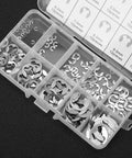 E Clip Washer Kit 120 Piece Stainless Steel M1.5 To M10 External Retaining Rings organized in a plastic box.