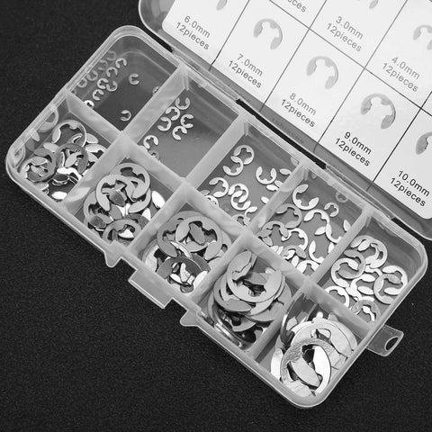 E Clip Washer Kit 120 Piece Stainless Steel M1.5 To M10 External Retaining Rings organized in a plastic box.